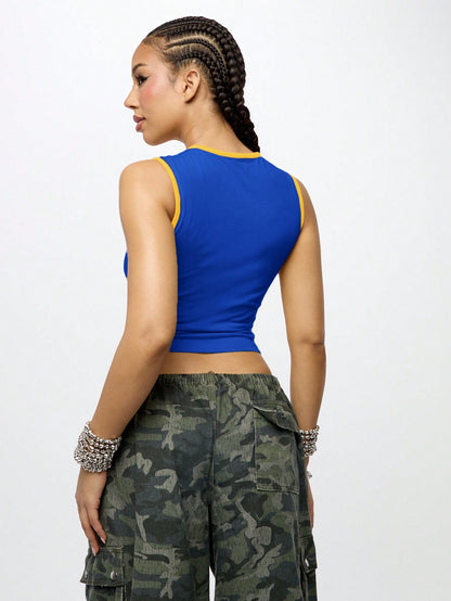 Orangina SumWon Navy Blue with Yellow Trim crop tank, product photo 2