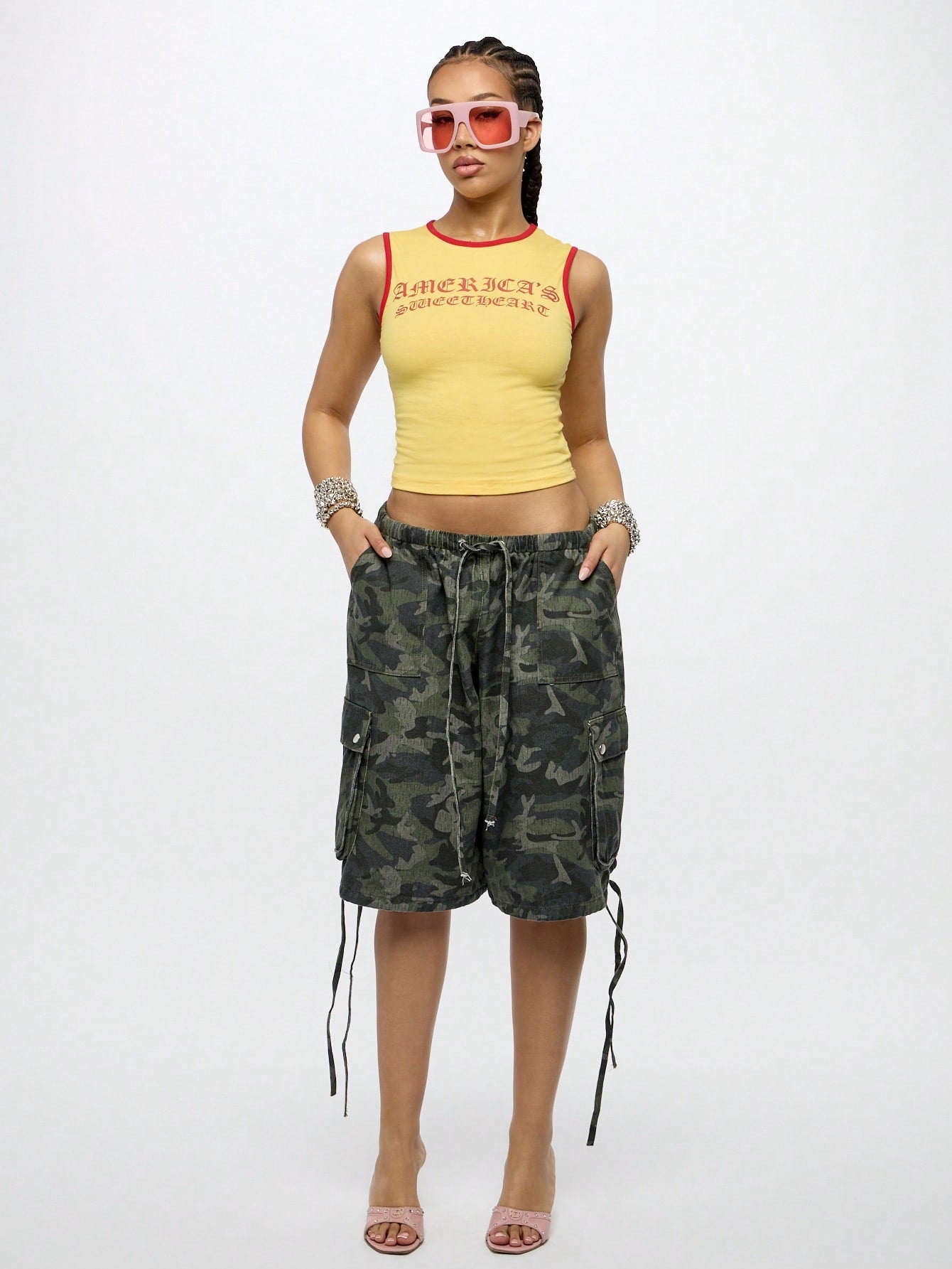 Orangina SumWon yellow sleeveless crop tank full outfit front view