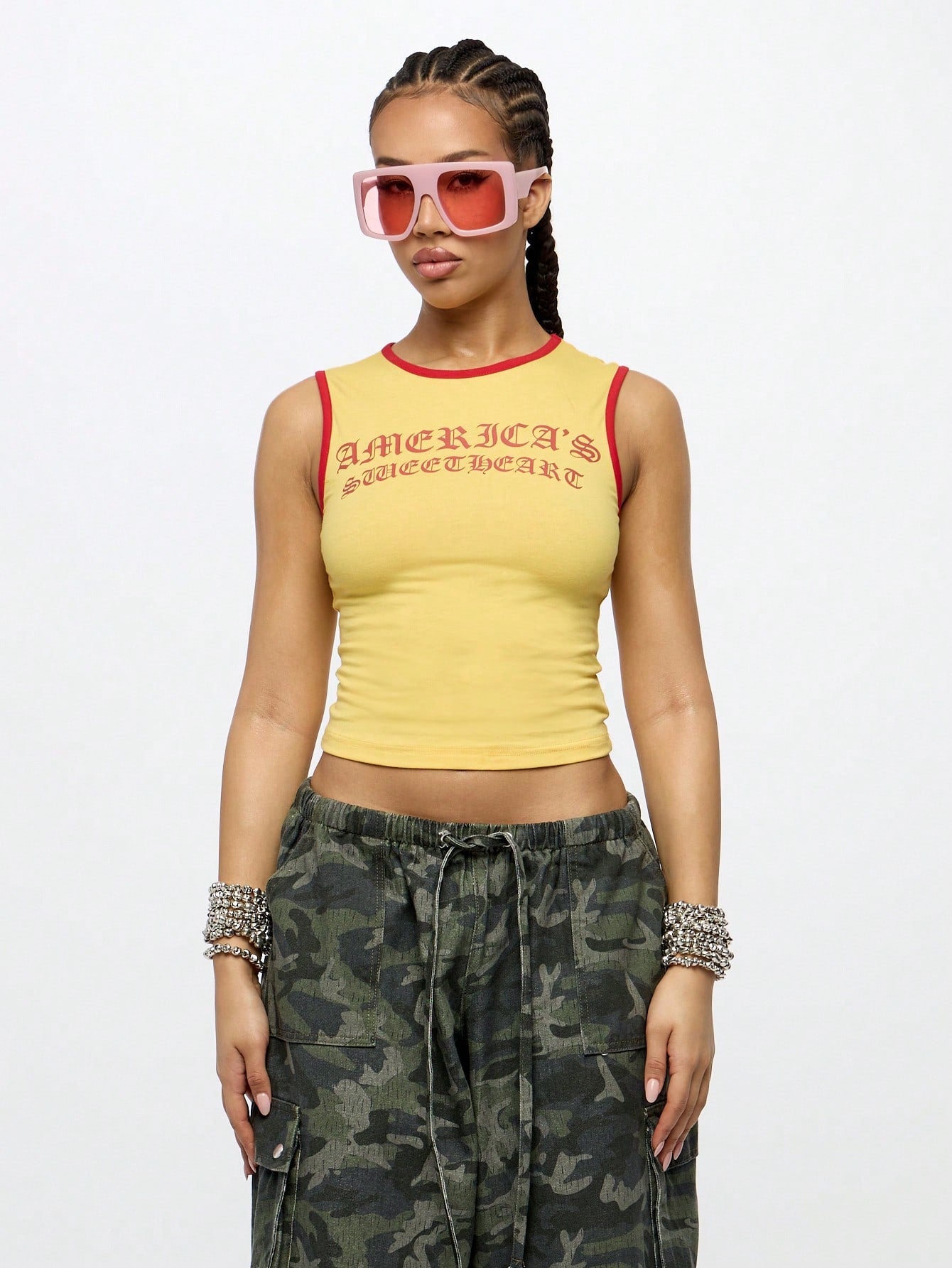 Orangina SumWon yellow and red contrast ringer tank flat detail