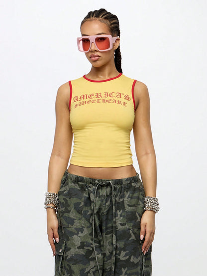 Orangina SumWon yellow and red contrast ringer tank flat detail