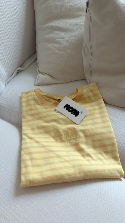 Oversized butter yellow striped long sleeve full-length styling